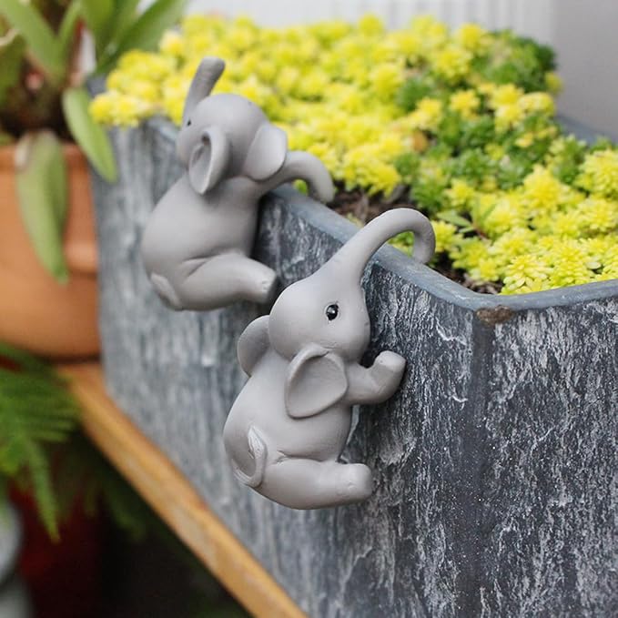 Set of 2 Cute Climbing Elephant Statues Flower Pot Hugger, Resin Hanging Animals Figurine Outdoor Planter Pot Decorations for Home Garden Patio Lawn Yard Ornaments