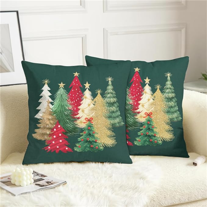 Christmas Pillow Covers 20x20 Set of 2 Green Xmas Tree Throw Pillow Covers Winter Holiday Decorative Pillowcase Double Sided Printing Cushion Case for Home Decor Sofa Couch