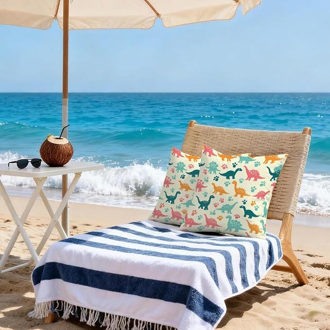 22x22 Inch Outdoor Pillow Covers Set of 2 Waterproof Throw Pillow Covers Decorative Couch Cushion Covers Colorful Dinosaurs Footprint Square Pillowcases Protectors for Patio Garden Sofa