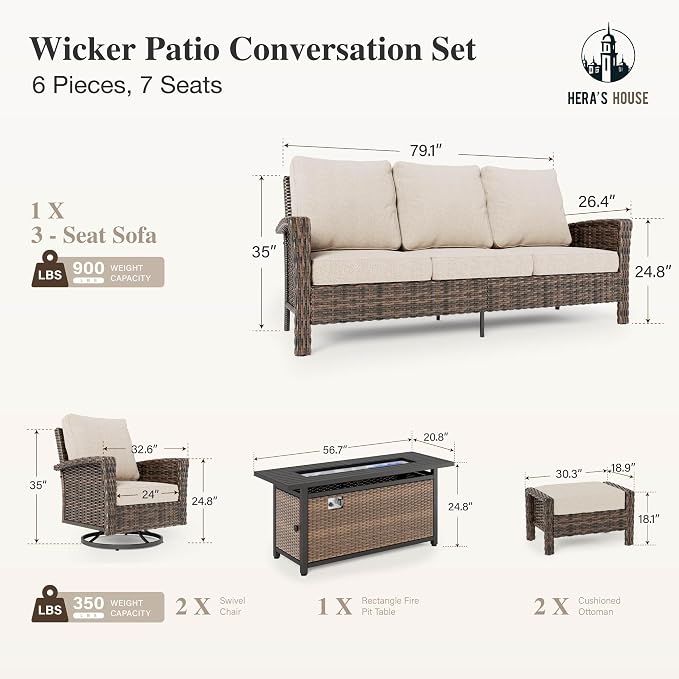 HERA’S HOUSE Wicker Patio Furniture Set, High Back Swivel Chairs with 5.5-Inch Thick Cushions, 6-Piece Outdoor Deep Seating Conversation Sets with Fire Pit Table & Ottomans for Deck Yard Garden, Beige