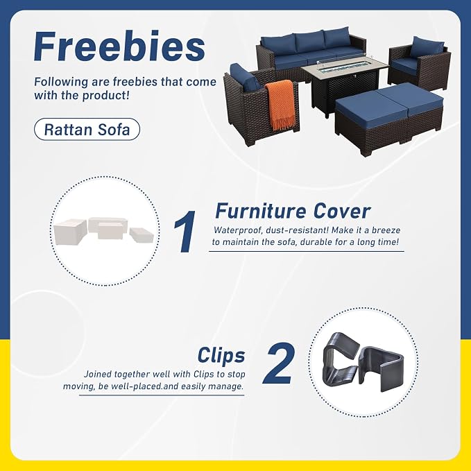 6-Piece Patio Furniture Set Outdoor Furniture Set with 45'' Propane Gas Fire Pit Table Outdoor Conversation Set Wicker Sofa Set Non-Slip Cushions Waterproof Covers, Navy Blue