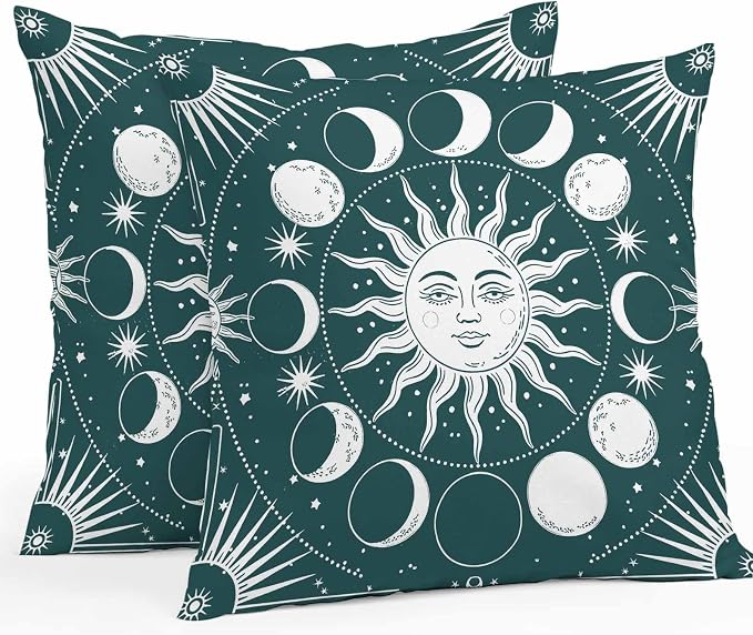 Celestial Sun and Moon Waterproof Outdoor Pillow Covers Set of 2 Home Decor, Green Starry Galaxy Boho Pillowcase Patio Pillow Covers for Couch Bench Patio Furniture Garden 24x24in