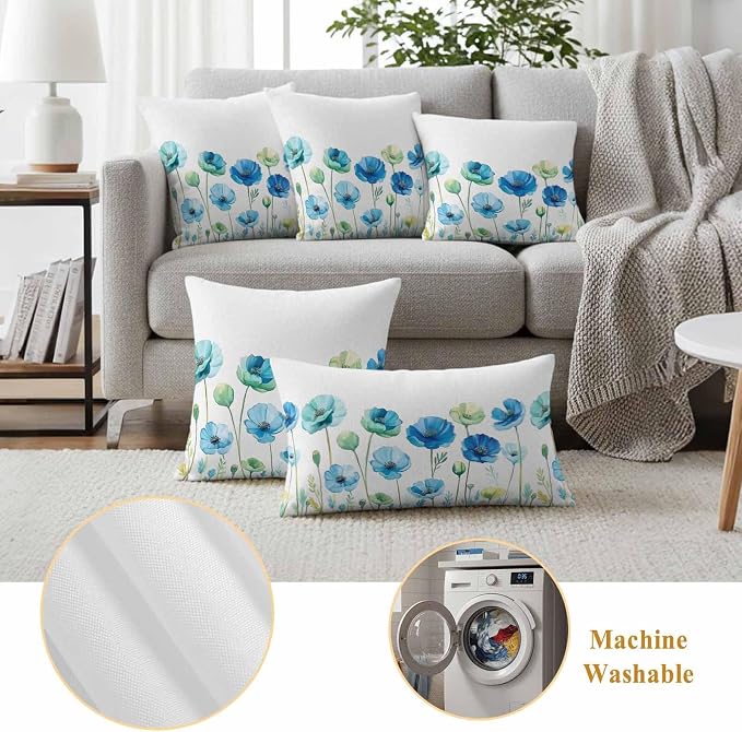 Spring Floral Outdoor Waterproof Throw Pillow Covers Set of 2, 20"x12", Watercolor Blue Poppy Flower Decorative Pillow Covers Outside Cushion Case for Patio Porch Garden
