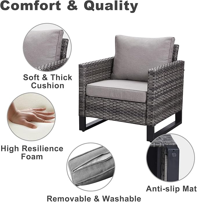 Belord Oversize Patio Chairs Set of 2 Outdoor Wicker Dining Chairs, All-Weather Rattan Patio Club Chair Furniture Sets with Water-Resistant Cushion Anti-Rust Frame Gray