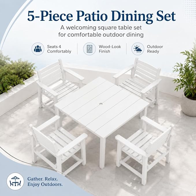 HDPE Outdoor Dining Set for 4, Square Table & Chairs Set | • All-Weather Polywood Composite • 410 lbs Heavy-Duty Support • Built-In 2" Umbrella Hole • Easy Soap-Water Wash