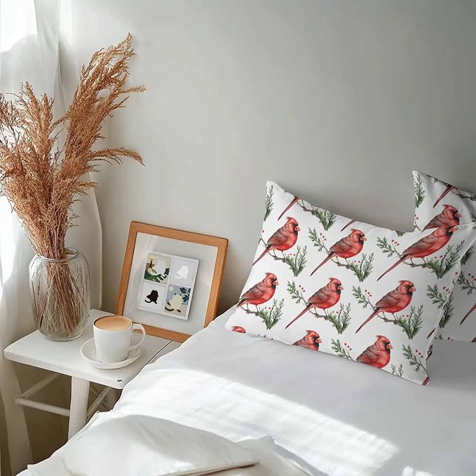 YOKOU Outdoor Waterproof Throw Pillow Covers, Christmas Red Bird on Pine Branches Berries Cardinal Pillowcases Cushion Covers Cases for Patio Couch Bench, Pack of 2 Rectangle, 20X12 Inch