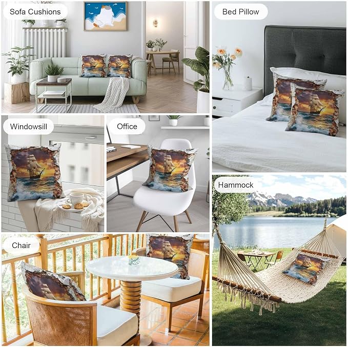 Coastal Nautical Outdoor Pillow Covers 18x18 Inch Throw Pillow Covers Set of 2 Waterproof Decorative Pillow Cases Summer Beach Vintage Ship Sail Cushion Covers for Patio Furniture Garden Couch Sofa