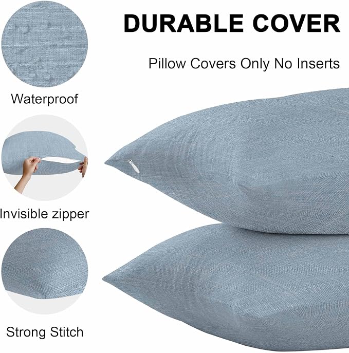 Vandarllin Outdoor Throw Pillows Covers 16x16 inch Set of 2 Waterproof Sky Blue Linen Decorative Zippered Cushion Covers for Patio Furniture, Farmhouse Pure Color Lumbar Pillowcases