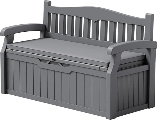 Devoko 80 Gallon Storage Bench with Cushion, Lockable Deck Box for Patio Furniture, Garden Decor and Outdoor Seating for Cushions, Garden Tools and Pool Supplies (Grey, 80 Gallon with Cushion)
