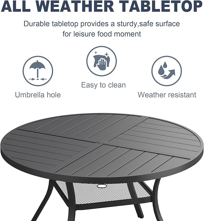 VICLLAX Patio 5 Pieces Outdoor Dining Set, 40.6" Round Metal Table with Umbrella Hole and Storage Shelf, 4 Swivel Textilene Chairs for Lawn, Garden, Porch, Black/Dark Blue