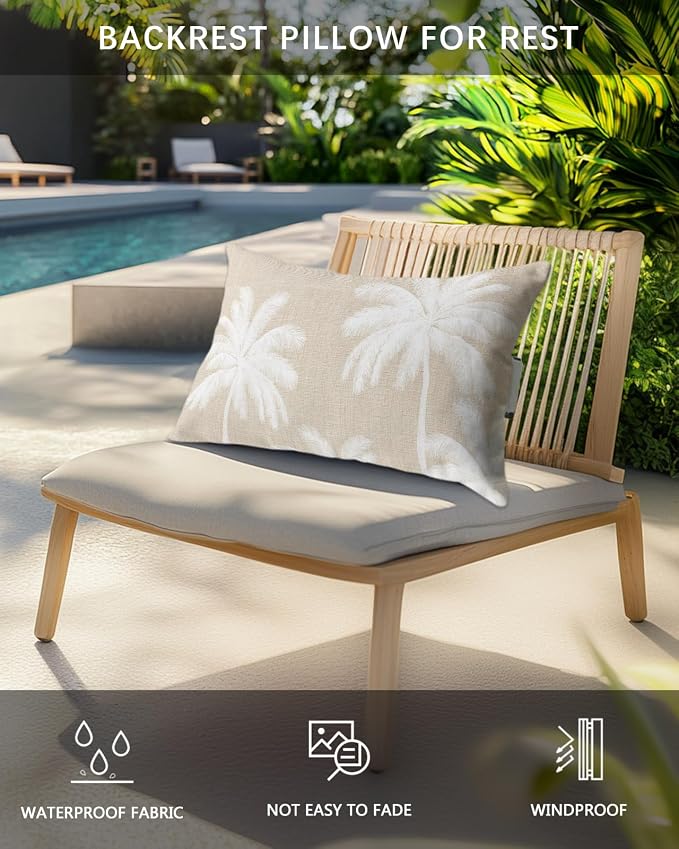 Pack of 2 Outdoor Lumbar Pillow Covers 12x20 Inch, Beige Palm Trees Waterproof Throw Pillow Covers Set, Farmhouse Tropical Summer Beach Indoor&Outdoor Decorative Cushion Cases for Patio Porch Car