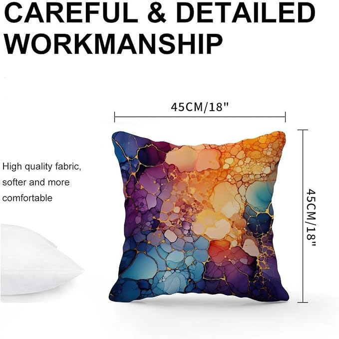 Ink Rainbow Shapes with Gold Pillow Cover Abstract Alcohol Ink Textures Pillow Covers 18x18 INRetro Accent Decorative Cushion Cases Home Decor for Patio Garden Couch Deck Chair