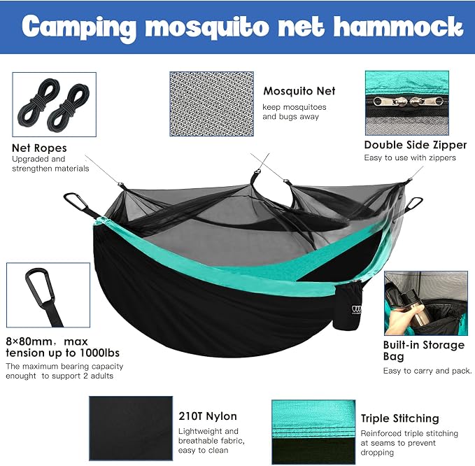 Gold Armour Camping Hammock - Camping Essentials, Double Hammock with Bug Net, Camping Gear Hammock for Outside, Hiking, and Travel (Black & Seafoam)