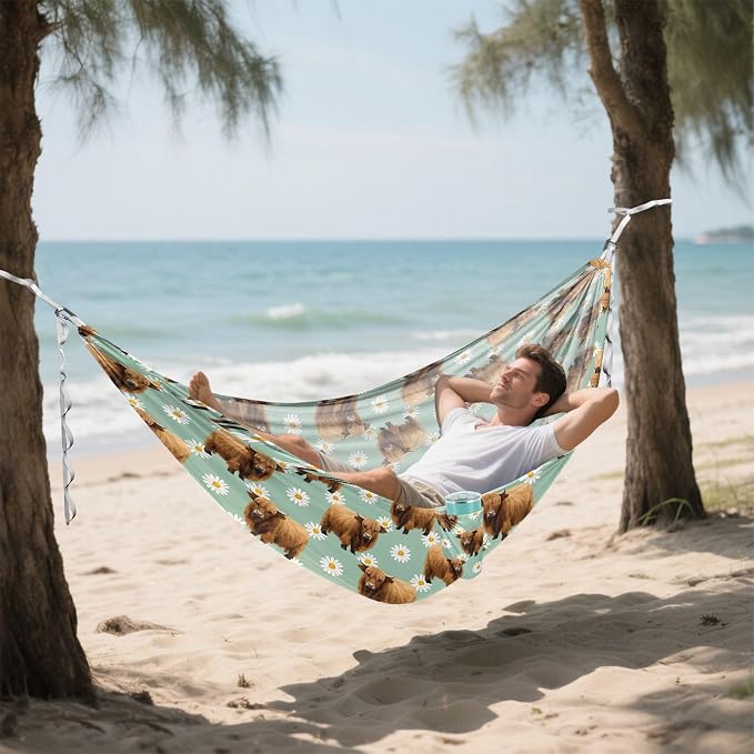 Camping Hammock Outdoor Hammocks for Outside Cow Bison Daisy Flowers Beach Trees Portable Lightweight with Pockets Tree Straps Indoor