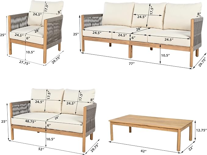 Christopher Knight Home Havets 5 Pieces Outdoor Acacia Furniture Set, Woven Rope Loveseat and Accent Club Chairs, 6" Thick Cushions Sofa and Coffee Table Set for Backyard Garden Balcony, Gray+Beige