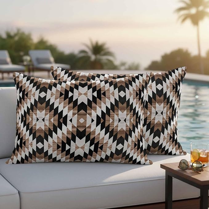 Brown Black Outdoor Pillow Cover 12x20 Inch Cushion Sham Case, Waterproof Decorative Lumbar Throw Pillowcase for Outside Garden Patio Porch Couch Chair Tent Moroccan Southwestern Aztec Abstract Boho