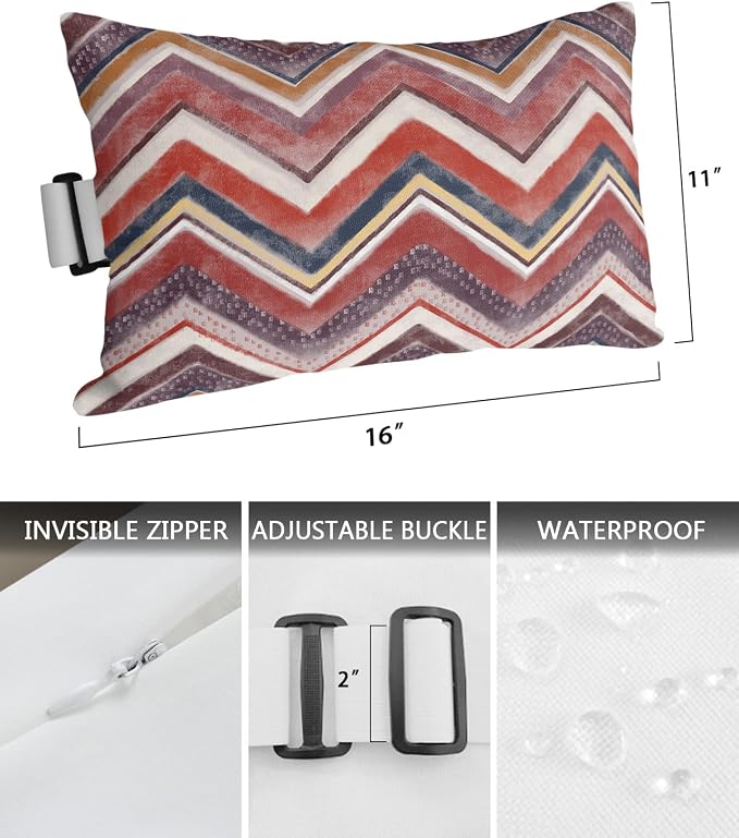 Outdoor Pillows Covers with Inserts Northern Europe Red Geometric Wave Stripes Waterproof Recliner Pillow with Adjustable Strap Throw Pillows for Patio Furniture Pool Lounge Chair, 11x16 inch, 1PCS