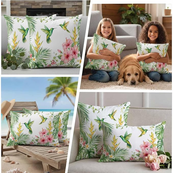 Yukro Hummingbirds Hibiscus Outdoor Waterproof Pillow Covers Pack of 2, Birds Botanical Tropical Plant Throw Pillowcases Decorative Cushion Covers for Garden Patio Tent Sofa Couch, 16x16 inch
