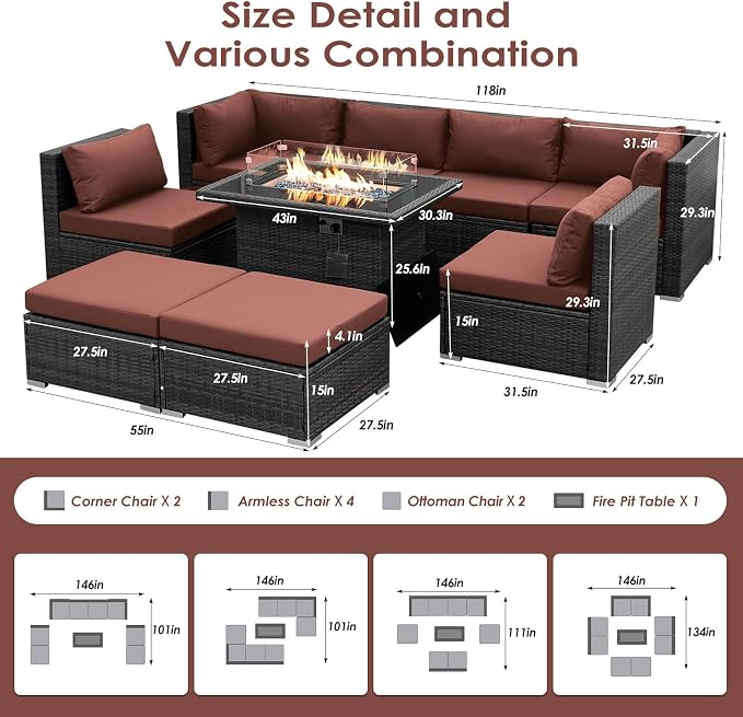 BULEXYARD 9 Pcs Highback Patio Furniture Set with Firepit, High-End Outdoor Sectional Couch with Ottoman 8-Seats, Cozy Comfy Wide Deep Deck Seating Group Conversation, Grey Rattan & Red Cushion