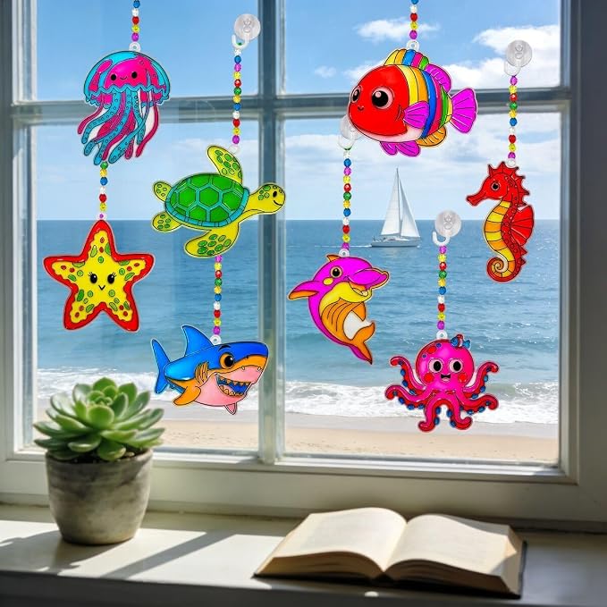 AUEKIV 32 Sets Summer Ocean Beach Suncatchers Window Art DIY Kits Sea Animals Sun Catcher Paint Your Own Crafts Window Hanging Ornaments for Home Activity Art Project Birthday Party Favors