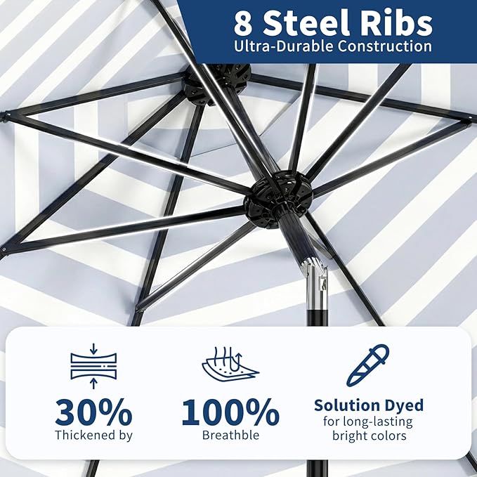 GarveeLife 10FT Patio Umbrella Outdoor, Table Umbrella with Push Button Tilt and Crank, 8 Sturdy Ribs UV Protection Waterproof for Garden, Pool, Market, Deck (Blue & White Stripe)