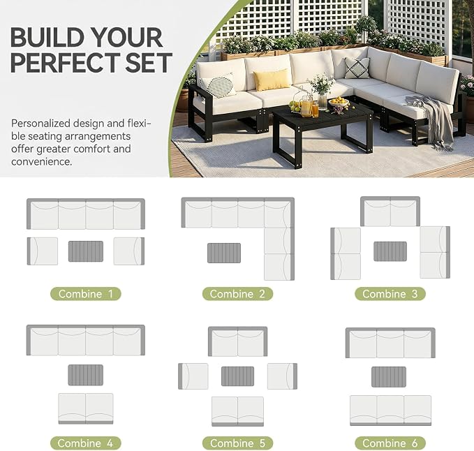 Outdoor Furniture with Cushions, Patio Furniture Set, 7-Piece L Shaped Outdoor Couch Sets 6 Seats, HDPE Patio Sectional Sofas for Porch, Deck, Backyard, Black