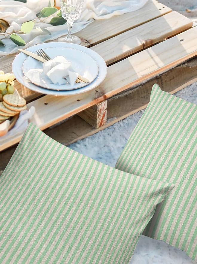 Outdoor Waterproof Throw Pillow Covers Set of 2 Green Stripes Pillowcases 26x26 Inches Linen Classic Vertical Striped Patio Decorative Pillows Cushion Case Patio Pillows for Couch Bed Chair Garden