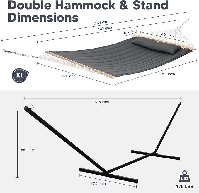 SUNCREAT Hammocks for Outside with 15 ft Stand, Stand Alone Hammock, 475 lbs Capacity, Dark Gray