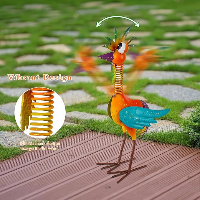 Metal Wacky Rooster Garden Statue for, Patio, Backyard, Lawn | 18'' Rooster Decor, Yard Statue Decorations Outdoor, Chicken Yard Art, Orange