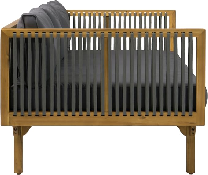 Christopher Knight Home Clarie Patio Sofa and Coffee Table Set, 2 Piece Outdoor Patio Furniture Set with Cushion, Acacia Wood 3 Seater Outdoor Sofa Daybed and Coffee Table Set, Dark Gray+Teak