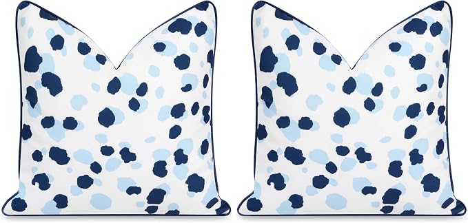 Hofdeco Premium Coastal Patio Indoor Outdoor Throw Pillow Cover Only, 20"x20" Water Repellent for Backyard, Couch, Navy Blue Leopard with Piping (Pack of 2)