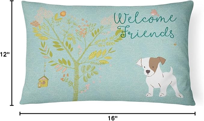 Caroline's Treasures BB7637PW1216 Welcome Friends Jack Russell Terrier Puppy Canvas Fabric Decorative Pillow Machine Washable, Indoor Outdoor Decorative Pillow for Couch, Bed or Patio, 12HX16W