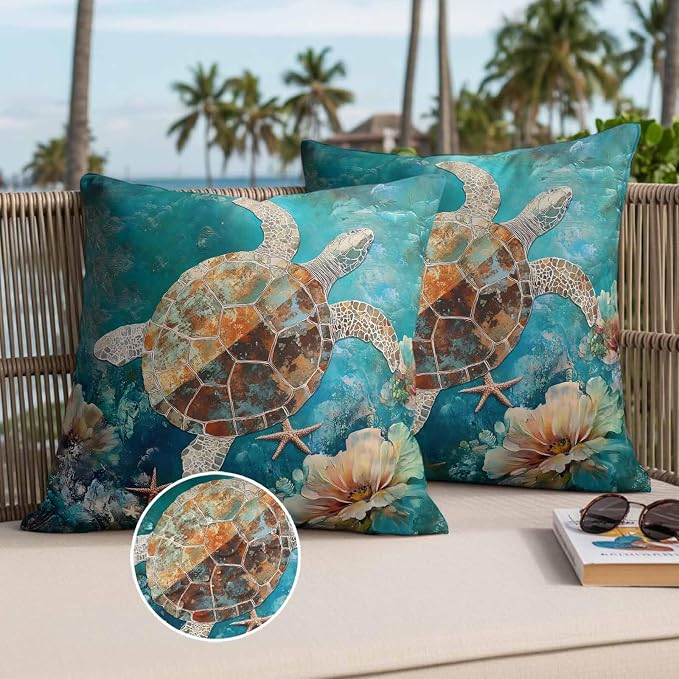 Ocean Turtle Outdoor Waterproof Throw Pillow Covers Set of 2, 24"x24", Marine Life Retro Starfish Coral Abstract Decorative Pillow Covers Outside Cushion Case for Patio Porch Garden