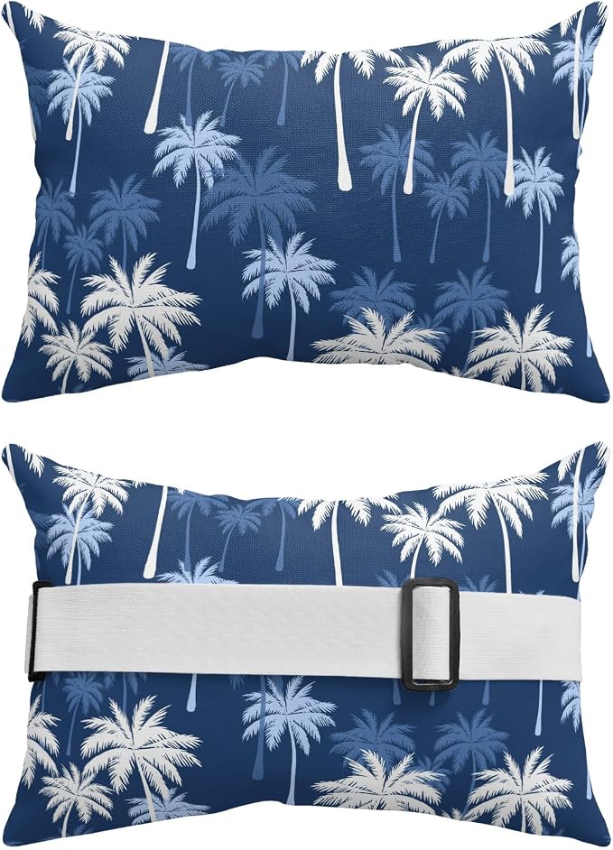 Tropical Palm Tree Outdoor Pillows for Chaise Lounge Chair Waterproof Lumbar Pillows with Insert&Adjustable Elastic Strap Beach Headrest Pillow Navy Blue White Plants Coastal Leaf Pool Pillow 11"x16"