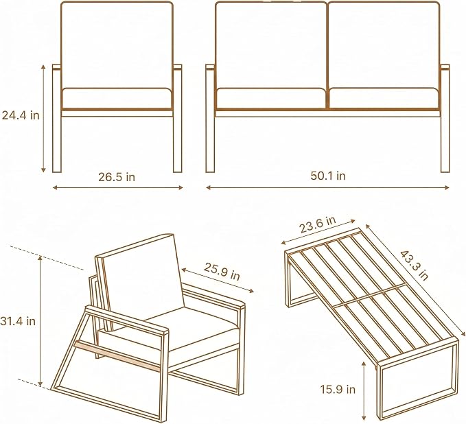 Gizoon 4-Piece Outdoor Patio Furniture Set with Coffee Table and Removable Cushions, Metal Patio Conversation Set for Family, Yard, Poolside (Gray)
