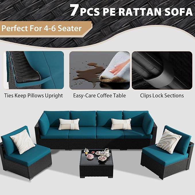 KIGOTY 7-Piece Patio Furniture Set, All-Weather PE Rattan Outdoor Sectional Sofa, Modular Wicker Conversation Set with Thick Cushions & Easy-Clean Coffee Table（Black/Blue）