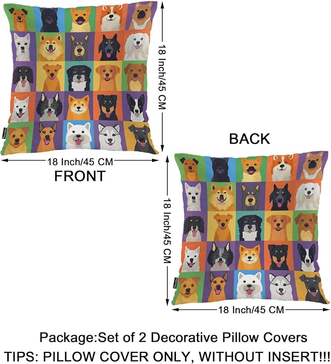 Swono Dog Farmhouse Throw Pillow Covers, Colorful Puppy Dogs Shepherd Terrier Labrador Set of 2 Cushion Case Pillow Cover for Bed Sofa Couch, Square Throw Pillowcases for Men Women 18x18 Inch