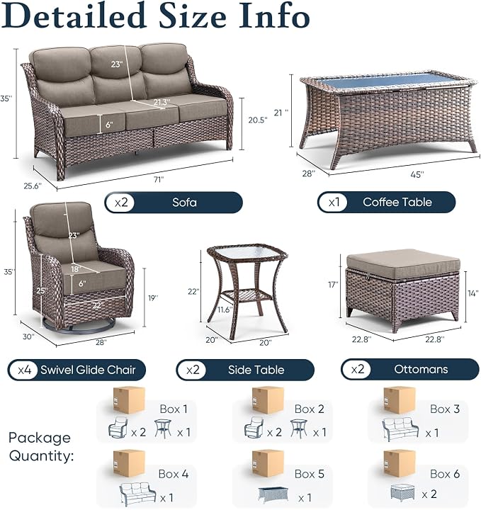 Belord Luxury 6" Thick Cushioned 11 Pieces Patio Furniture Set with Outdoor Couch, Wicker Outdoor Conversation Set with High Back Swivel Rocker Chairs for Deck Porch Yard and Poolside - Brown+Grey
