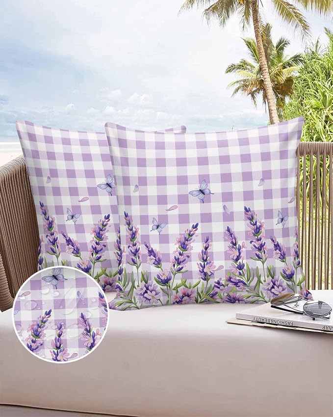 Vandarllin Outdoor Throw Pillows Covers 16x16 inch Set of 2 Waterproof Purple Lavender Flower Decorative Zippered Cushion Covers for Patio Furniture, Butterfly Buffalo Plaid Lumbar Pillowcases