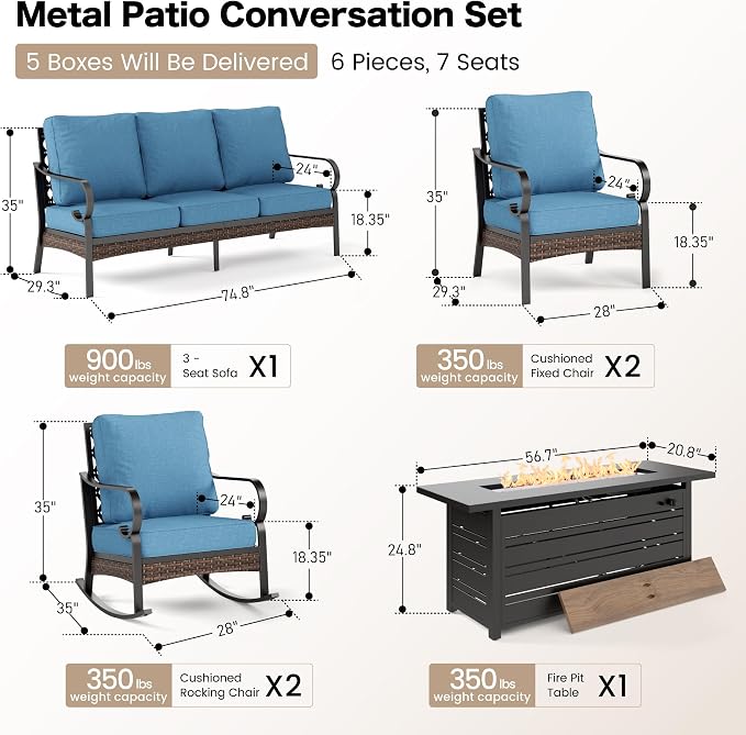 SUNSHINE VALLEY 6 Piece Metal Outdoor Patio Furniture Sets with Firepit Table, Patio Conversation Sets 1 3-Seater Sofa, 2 Leg Sofa and 2 Rocking Chair with 5.75" Cushion for Backyard Deck, Denim Blue