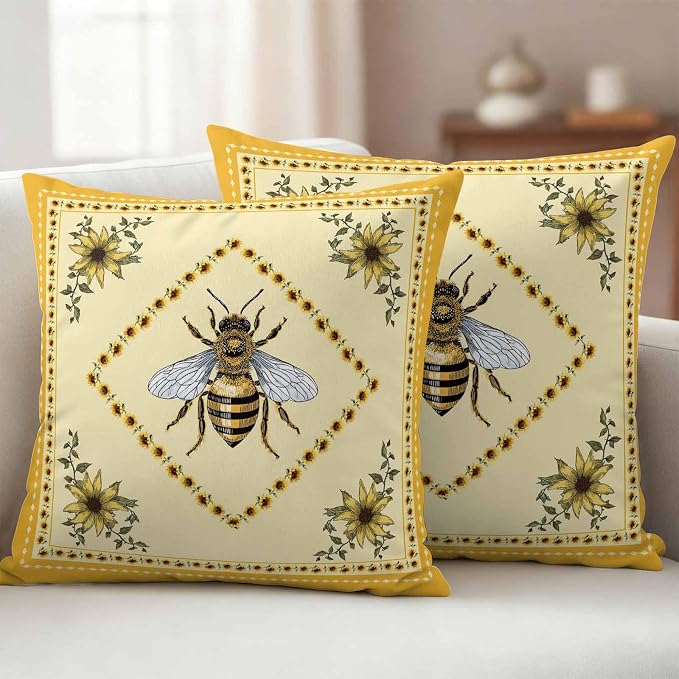 Sunflowers and Bee Outdoor Pillow Covers Set of 2, Farmhouse Retro Floral Decorative Waterproof Throw Pillow Case, Animal Honeybee Cushion Pillowcases for Couch Garden Patio 16x16In
