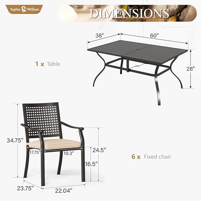 Sophia & William 7 Piece Metal Outdoor Patio Dining Bistro Sets with Umbrella Hole, 60" x 37.8" Rectangle Patio Table and 6 Backyard Garden Outdoor Chairs