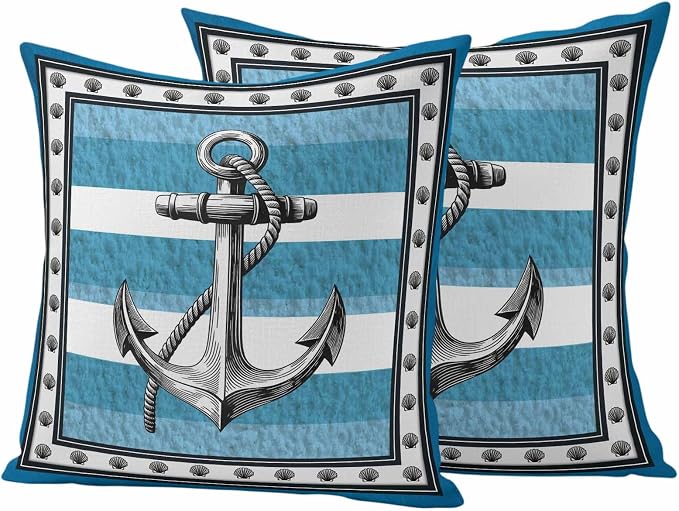 Summer Boat Anchor Outdoor Waterproof Pillow Covers Set of 2, Nautical Ocean Shells Anchor Blue White Stripe Pillowcase Decorative Throw Cushion Cases for Patio Garden Couch 16 x 16 Inches