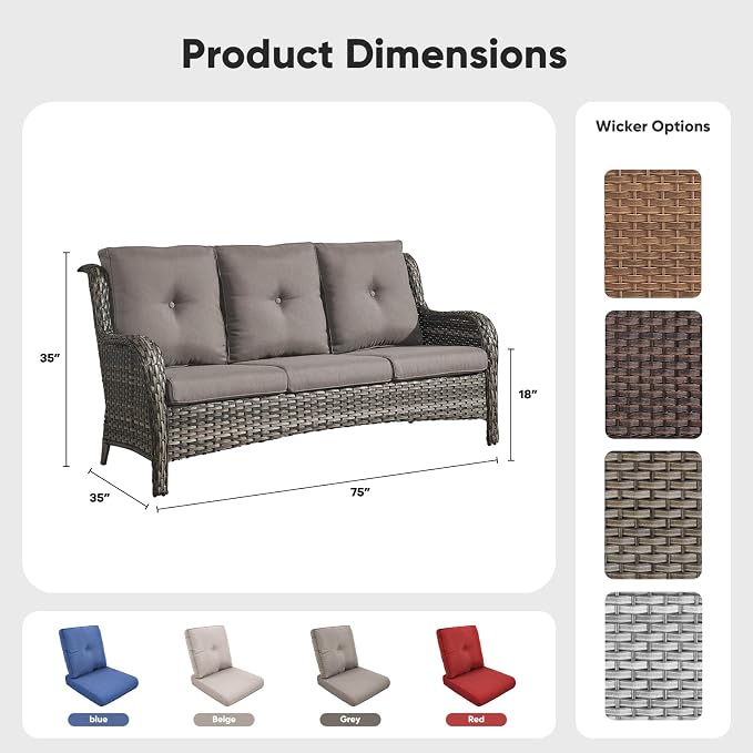 Belord Patio Sofa Luxury PE Wicker 3-Seater Outdoor Couch, Modern All-Weather High Back Deep Seat Woven Furniture Set for Porch, Deck, Balcony, Backyard - Grey/Grey