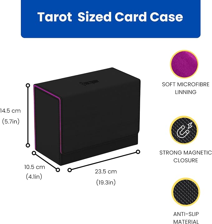 Tarot Card Storage Box – PU Leather Deck Organizer with Purple Interior & Magnetic Closure – Holds 4 Tarot Card Cases or 400+ Tarot Cards – Black Exterior – 10.5×14.5×23.5 cm /4.1×5.7×9.3in