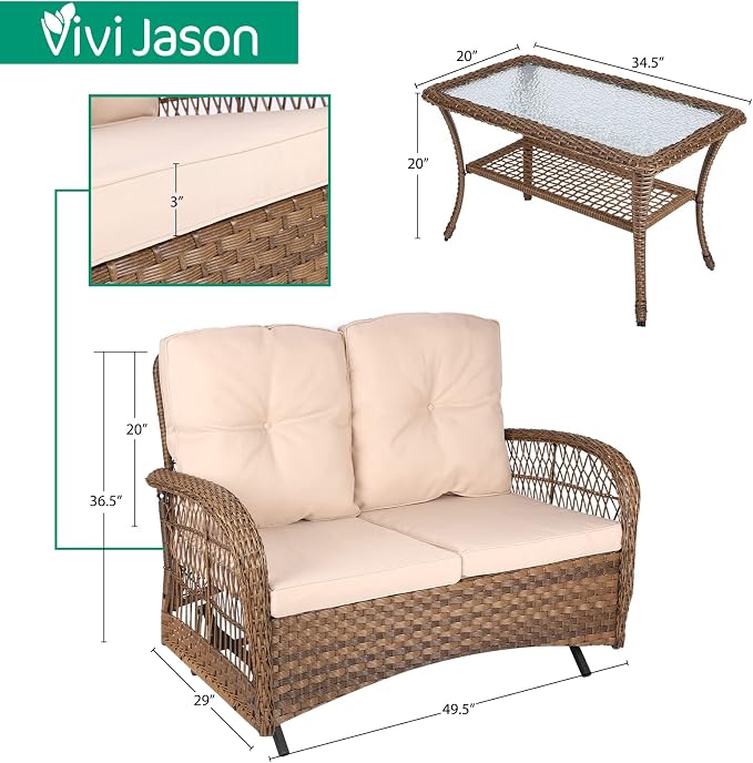 VIVIJASON 2-Piece Patio Wicker Loveseat Glider Set Cushioned, Outdoor Conversation Furniture Sets with 2-Seater Glider Rocking Bench, Coffee Table and Cushions for Porch Garden Poolside, Light Brown