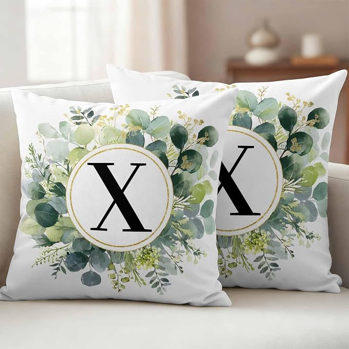 Letter X Waterproof Outdoor Pillow Covers Set of 2 Home Decor, Alphabet Green Eucalyptus Leaves Pillowcase Patio Pillow Covers for Couch Bench Patio Furniture Garden 16x16in