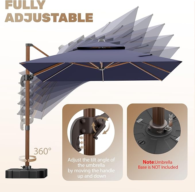 10x13FT Cantilever Outdoor Patio Umbrellas, Double Top Wood Pattern Rectangle Umbrella, Heavy Duty 360°Rotation Offset Umbrella for Garden Deck Pool Patio, Navy Blue