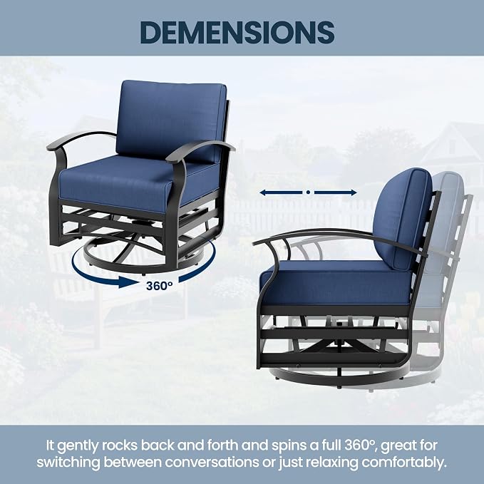 Aluminum Outdoor Patio Furniture Set,7 Seats Patio Conversation Sets with 45" Propane Fire Pit Table,Metal Patio Sectional Furniture Set with 2 Swivel Rocking Chairs,Navy Blue