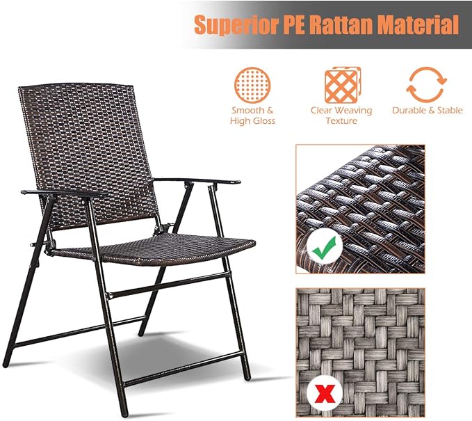 S AFSTAR 5 Pieces Patio Dining Set, 4 Folding Chairs with Table, Portable Wicker Chairs Furniture Set for Outdoor Garden Backyard (4 Chairs w/ 37''H Tall Square Table)